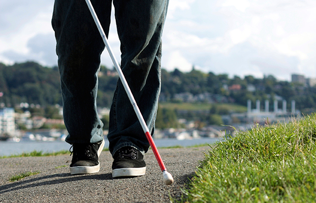an image of a blind person from the waist down walking along a grass line
