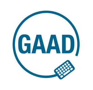 GAAD Logo; blue nearly-closed circle connected to a keyboard around the words GAAD in blue. 