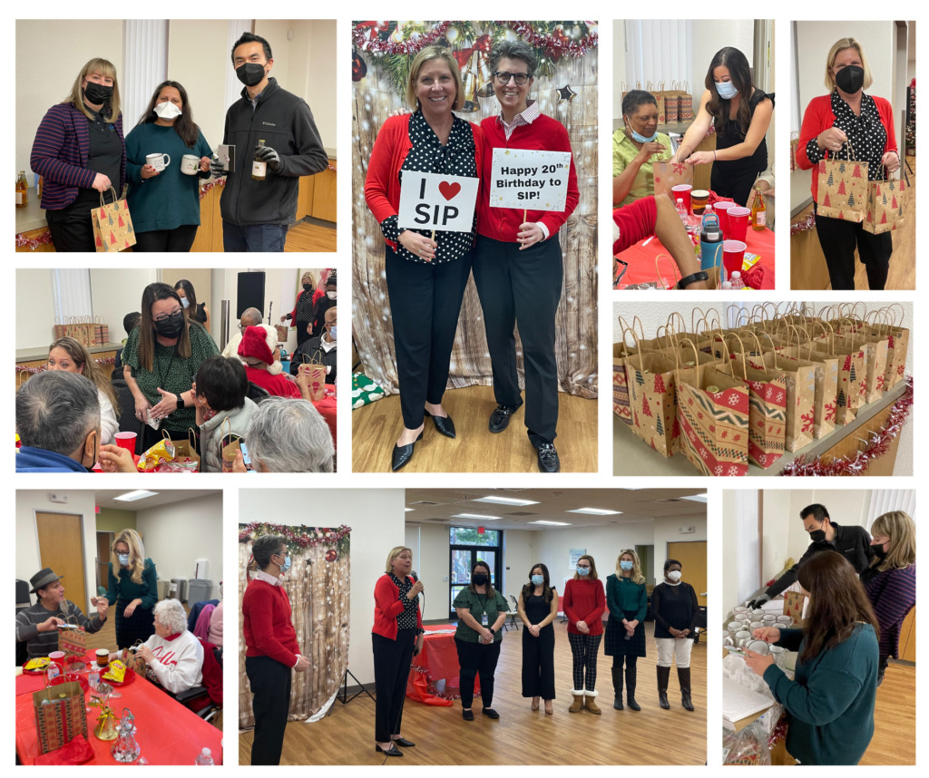 Image: Collage of CDA staff volunteering for the SIP Holiday party. CDA employees helped assemble gift bags filled with goodies that they donated.