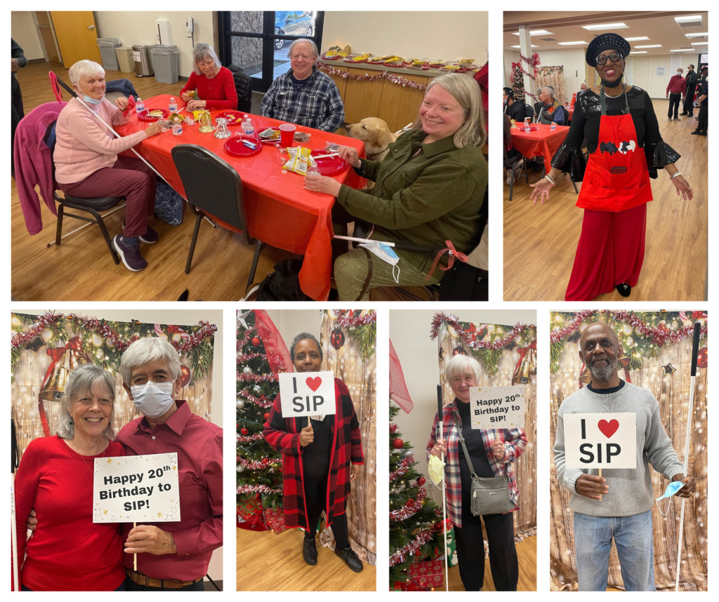 Image: Collage of SIP Clients and SIP Staff enjoying the 2022 SIP Holiday party. SIP Clients sitting at a table enjoying the lunch provided at the holiday party. SIP clients are also posing by a Christmas tree and festive backdrop while holding signs that say, “I heart SIP”, “Happy 20th Birthday SIP”, and “Celebrating 20 years of SIP”