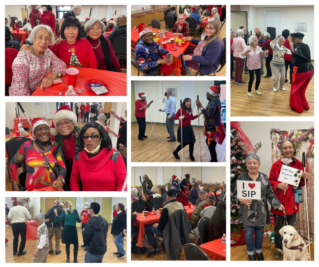 Image: Collage of SIP clients sitting together while gathered for lunch, posing together for photos at the photo booth with handheld signs, and dancing with each other.