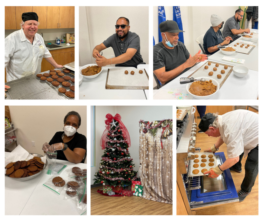 Image: Collage of SIP Staff and students preparing for the SIP Holiday Party. SIP Client Dan, baked all the cookies for the holiday party in our teaching kitchens. Photos include: Dan posing with a tray of freshly backed cookies, Alex, George, and Debra scooping and rolling balls of cookie dough, Levohn portioning baked cookies into bags, the Carl Otto annex decorated with a Christmas tree and festive backdrop for photos.