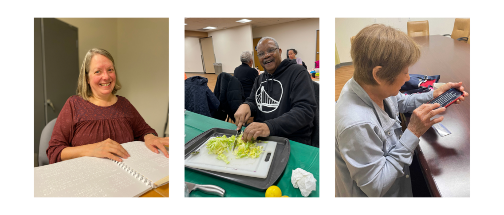 Collage of Seniors reading braille, chopping lettuce in Independent Living Skills classes, and using their iphones in assistive technology classes